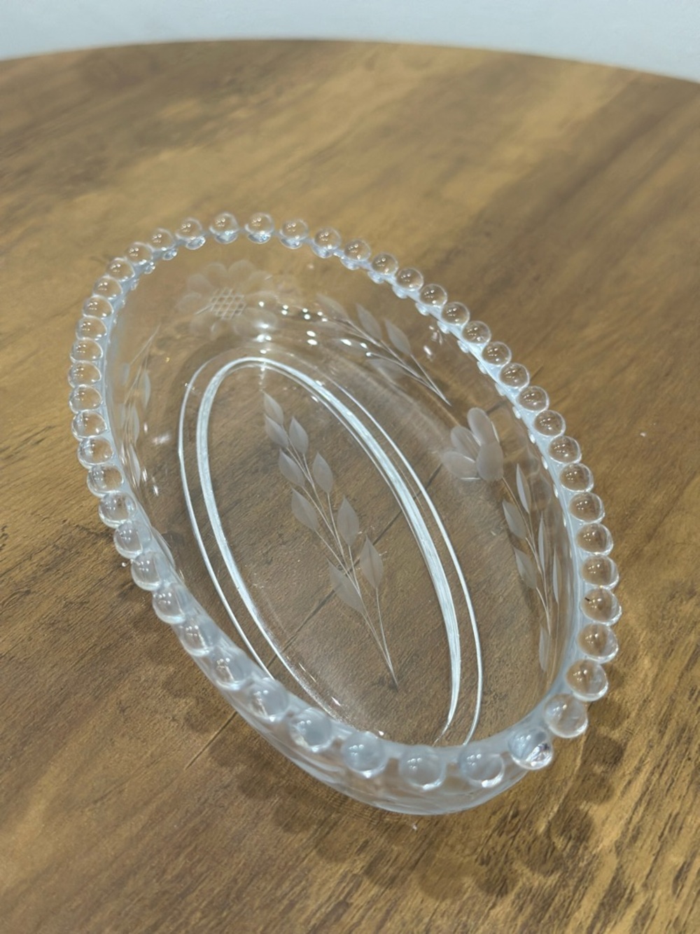 Vintage Clear Etched Glass Oval Dish with Beaded Rim